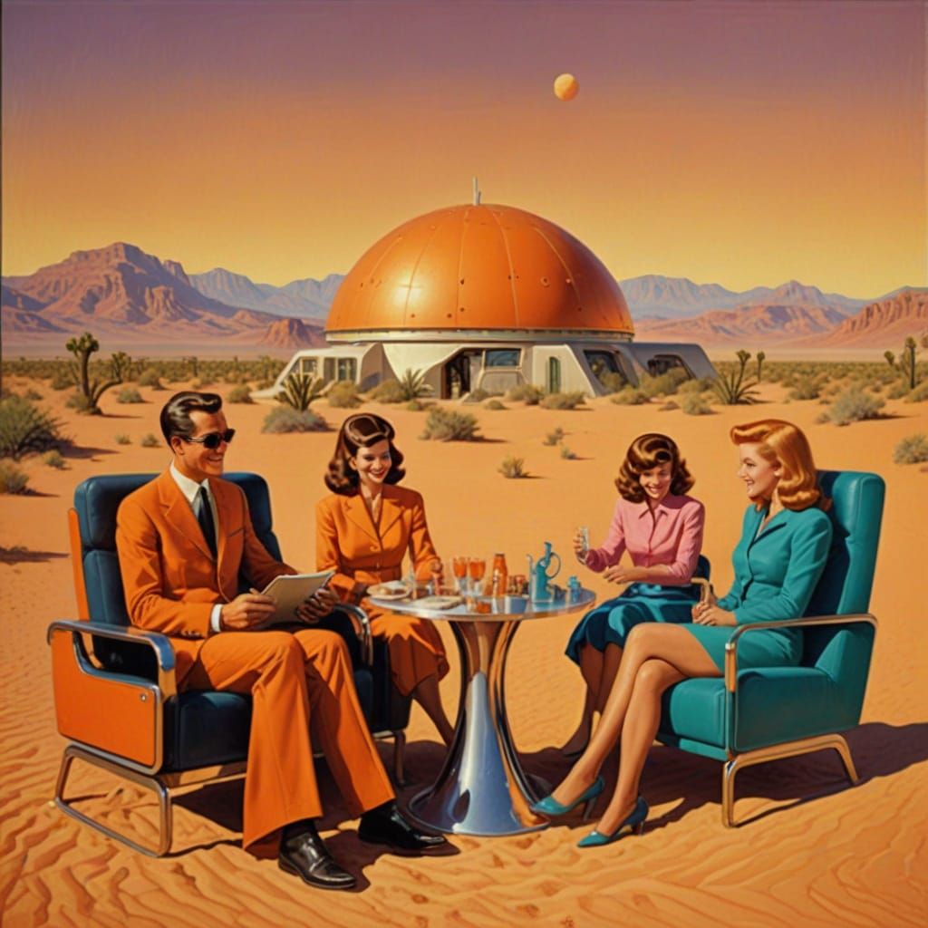 Retro Futurism Family Portrait in Desert Oasis