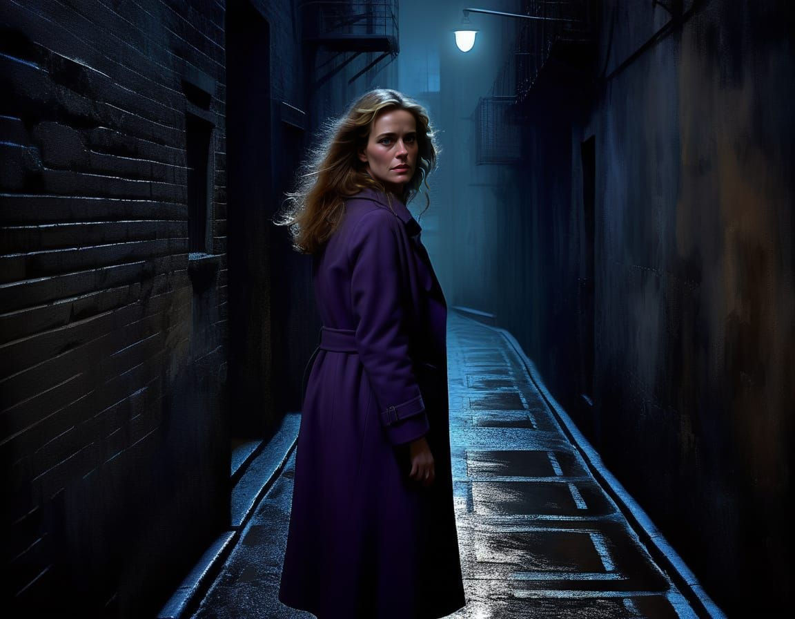 Mysterious Figure Emerges in Dark Alleyway, Oil on Canvas