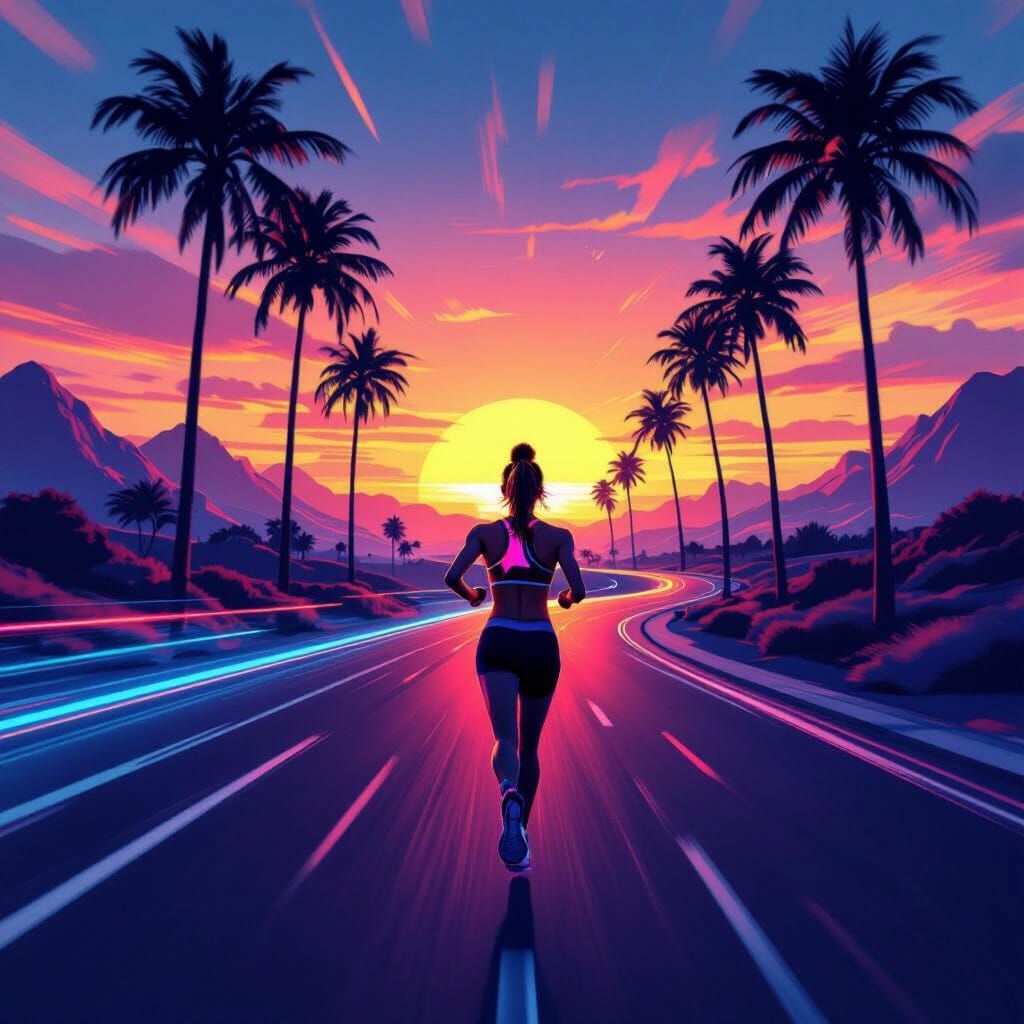 Futuristic Sunset Run: Female Athlete in Neon Landscape