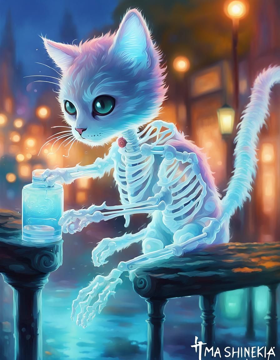 Pastel Fuzzy Kawaii Skeleton Cat in Ethereal Fantasy