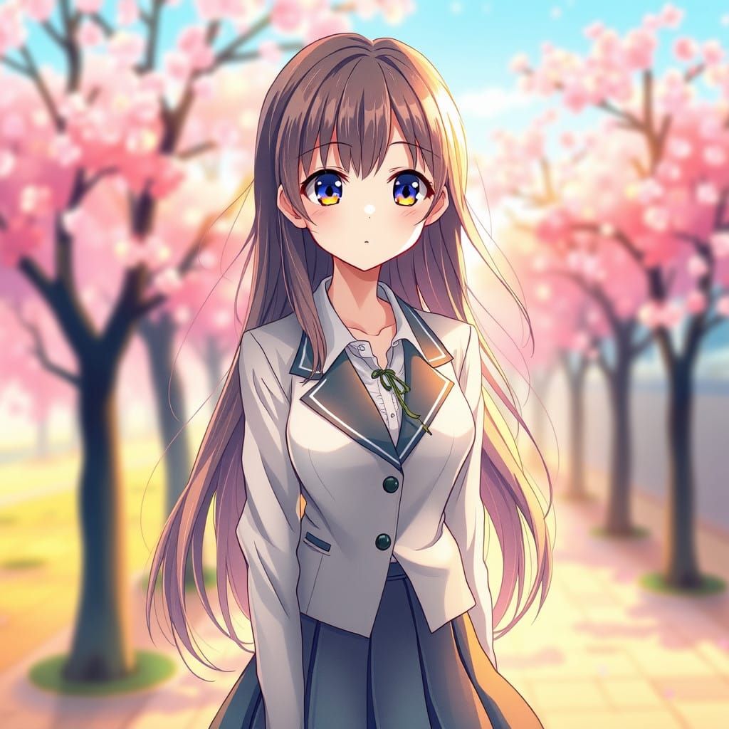 Serene Japanese Schoolgirl in Cherry Blossom Backdrop