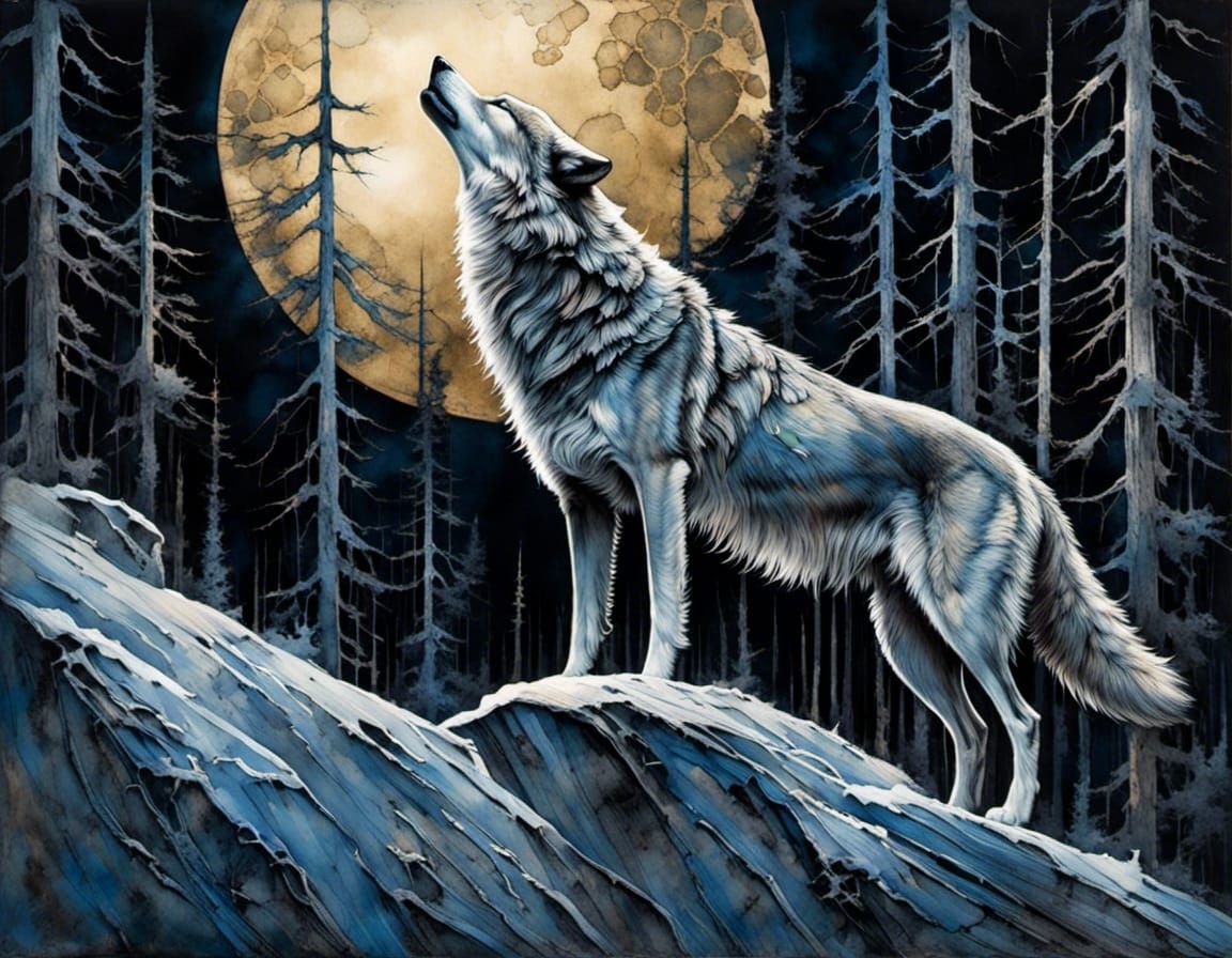 Grey wolf howling at the glowing moon