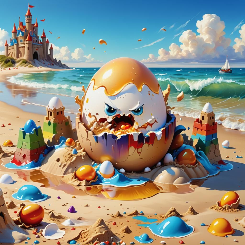 Angry Egg Destroys Sandcastle: Vibrant Oil Painting