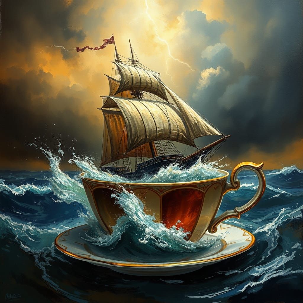 A storm tossed schooner in the style of JMW Turner in a teacup as the sun breaks through.
