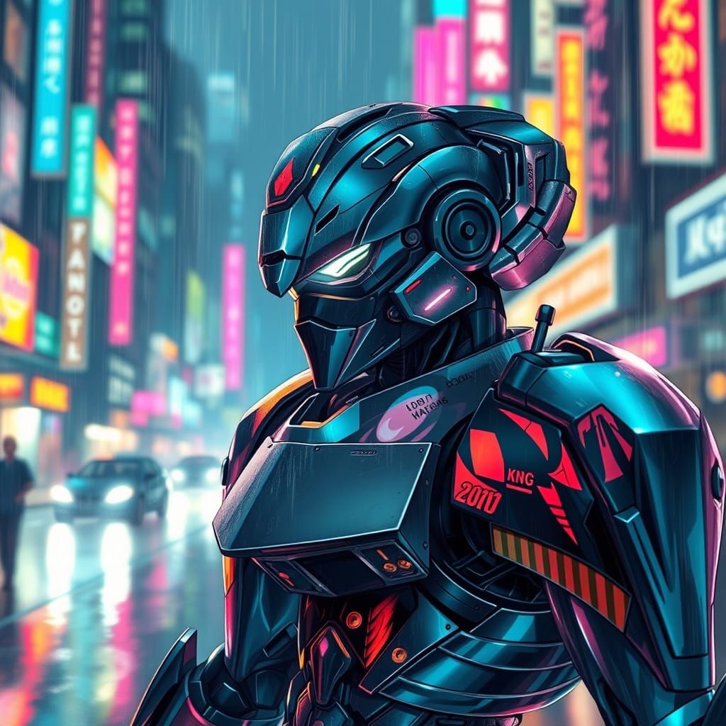Cyberpunk Mecha Warrior in Neon Cityscape