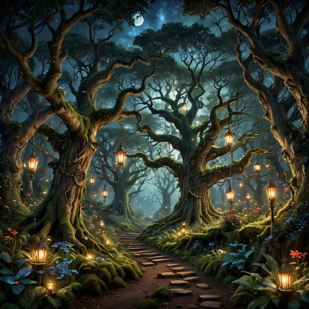 Enchanted Forest Under a Celestial Sky