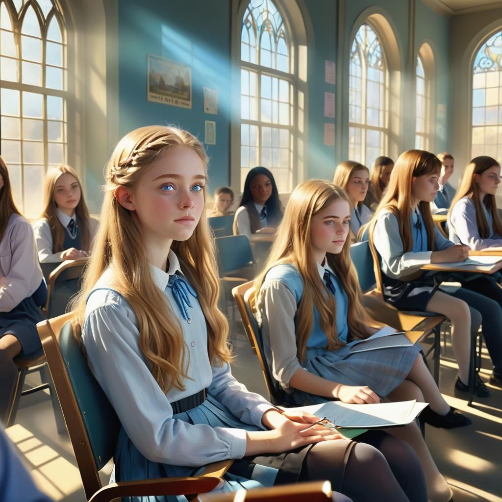 Girl in Classroom: Whimsical Fantasy Concept Art