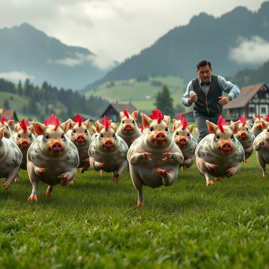 Chicken-Pigs Running in Whimsical German Landscape