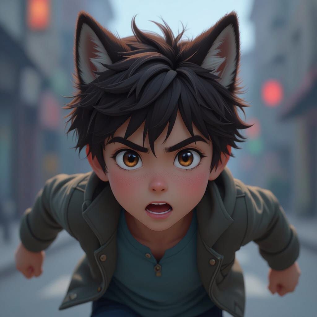 Boy with Wolf Ears Running in Cel-Shaded Manga Style