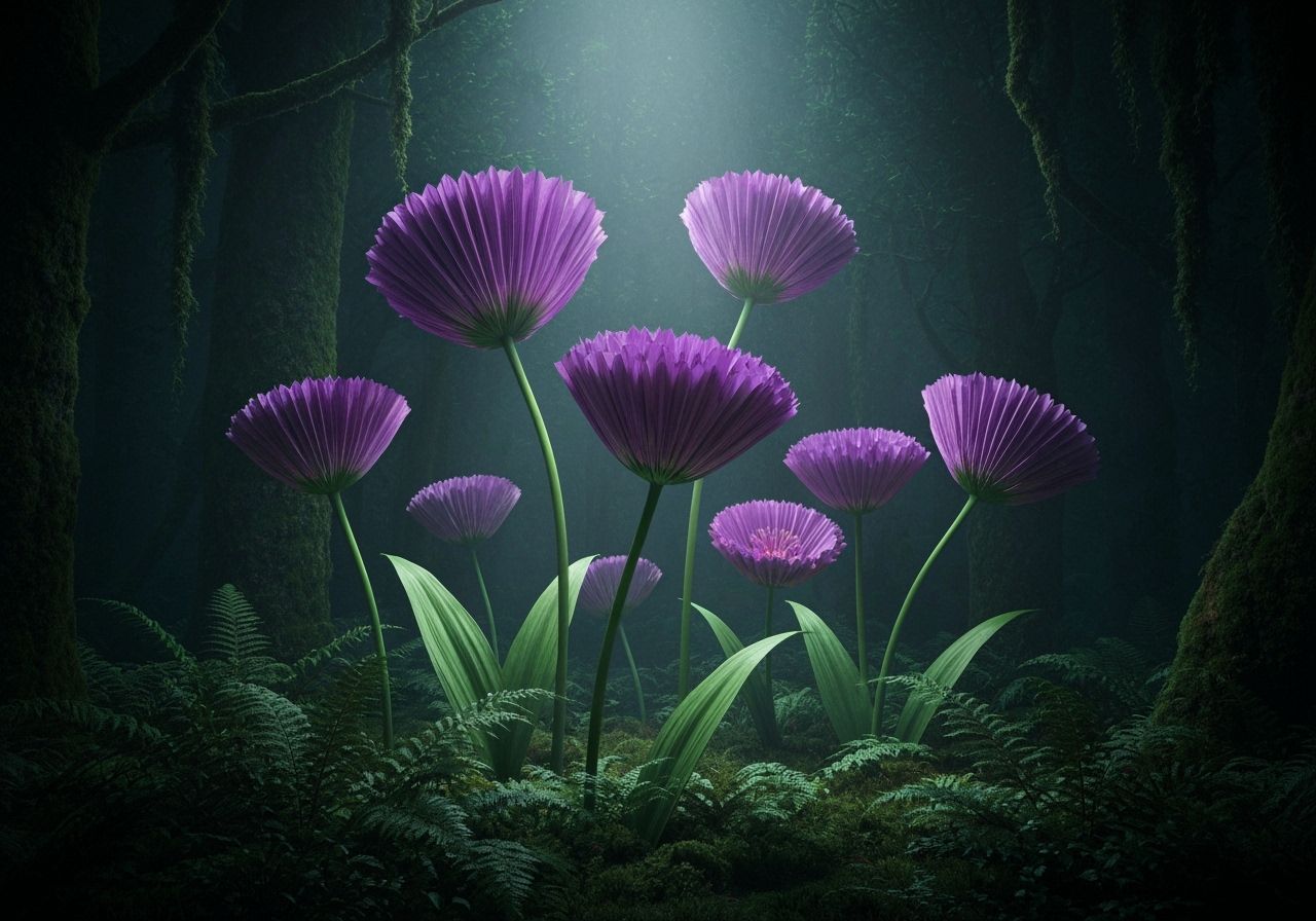 Giant Purple Flowers in Mystical Forest