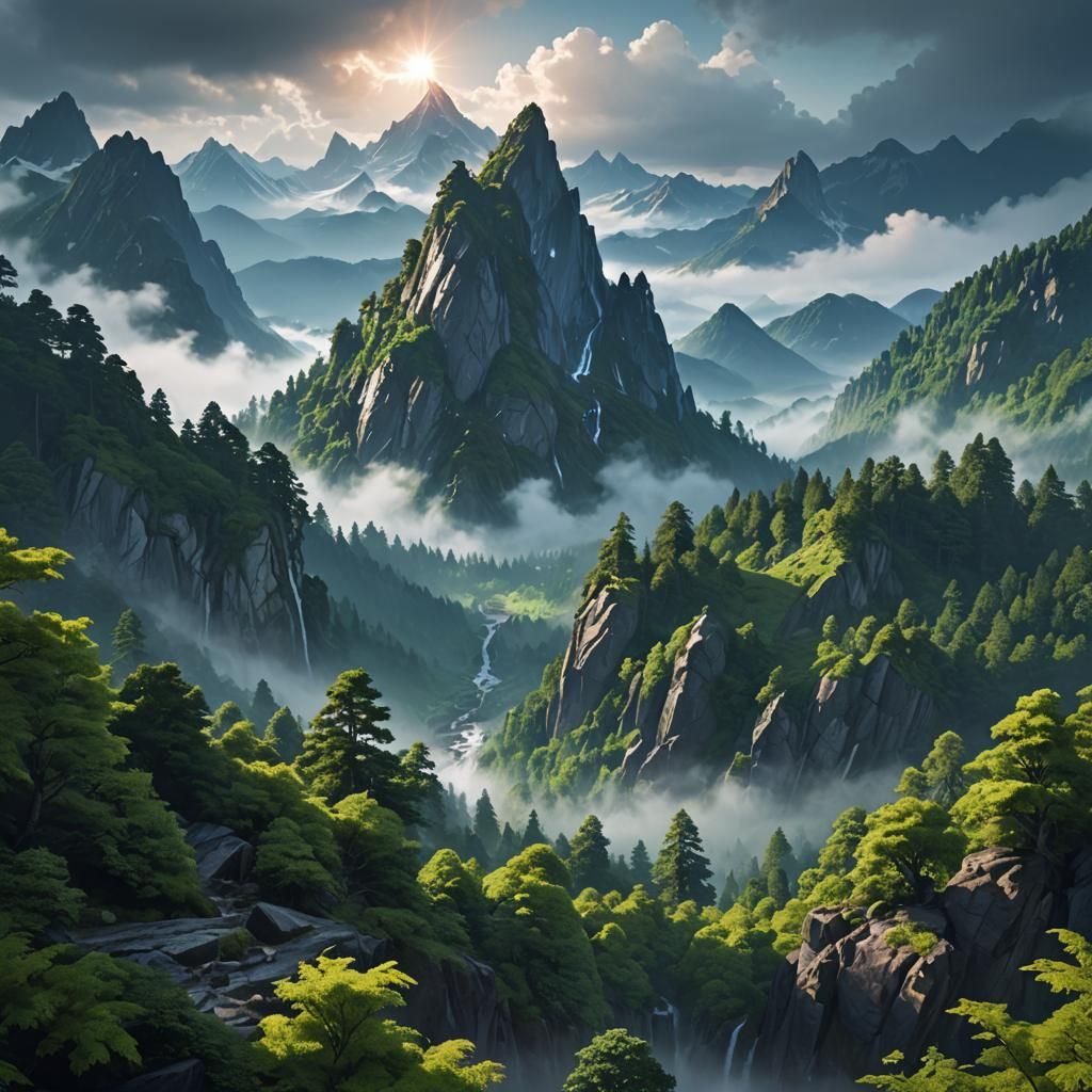 Mystical Mountain Scene in Detailed 3D Anime Style