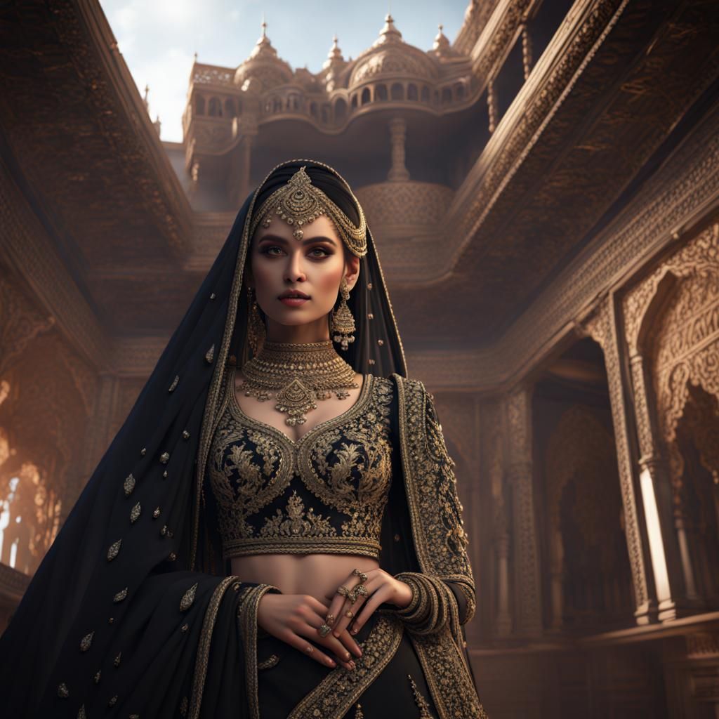 Detailed Black Bridal Lehenga Concept Art