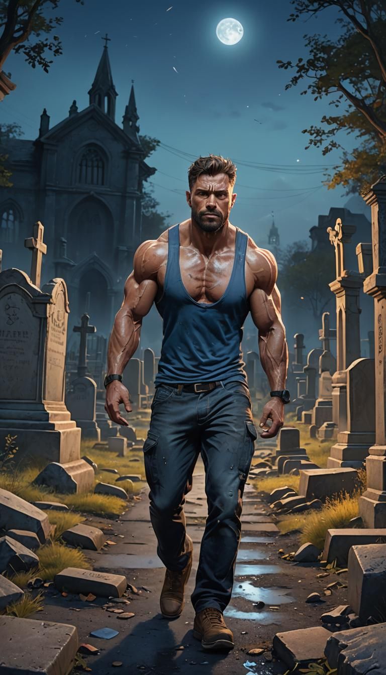 Muscular Man Walking Through Graveyard at Night