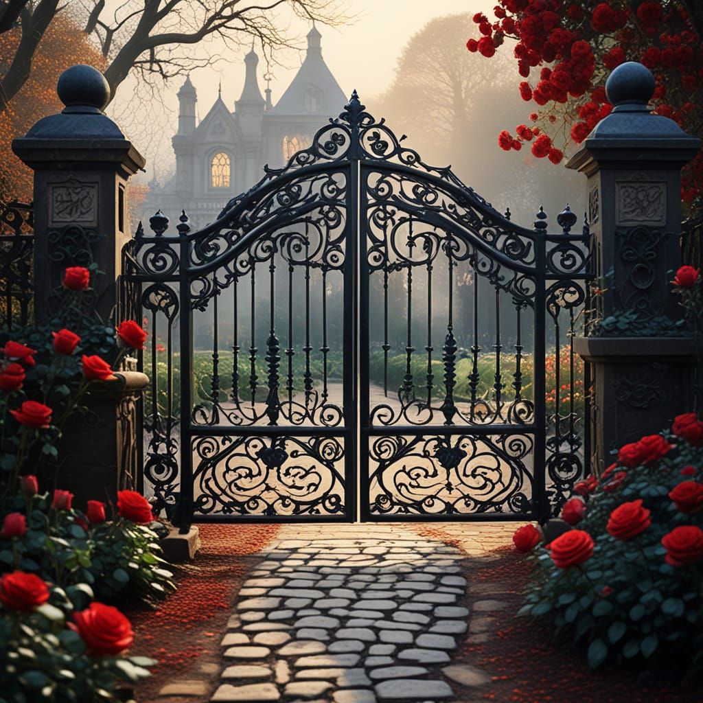 Victorian Gothic Garden with Ornate Iron Gates in Pop-Surrea...