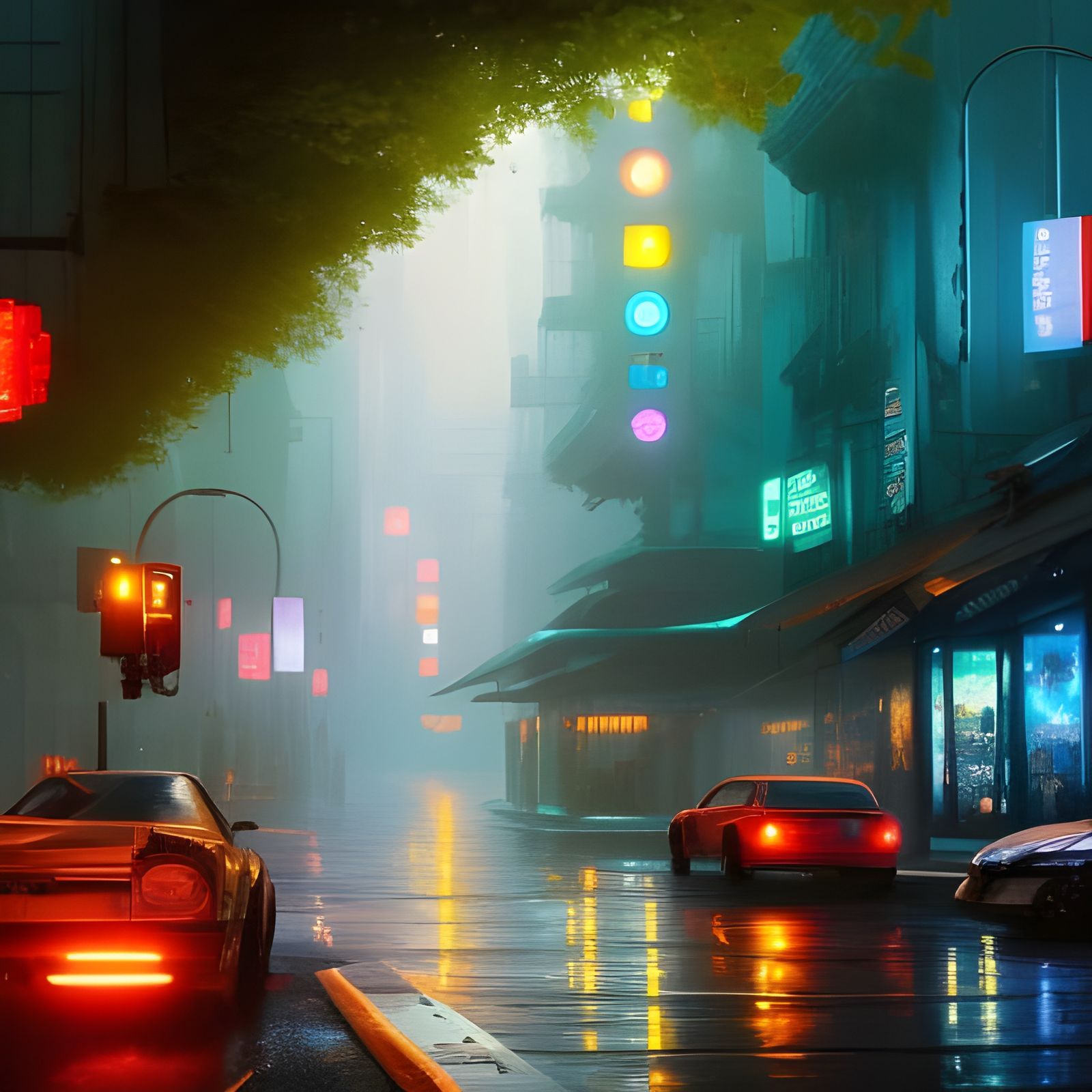 Futuristic Street Scene with Colorful Lights