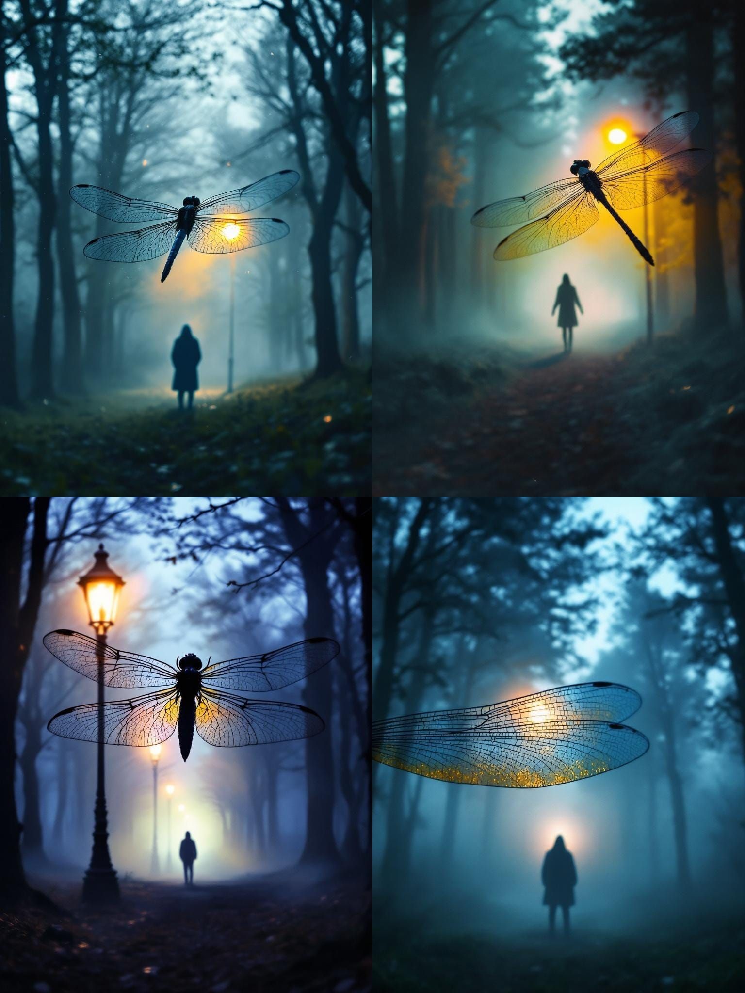 Macro Dragonfly Wings Reflecting Eerie Forest