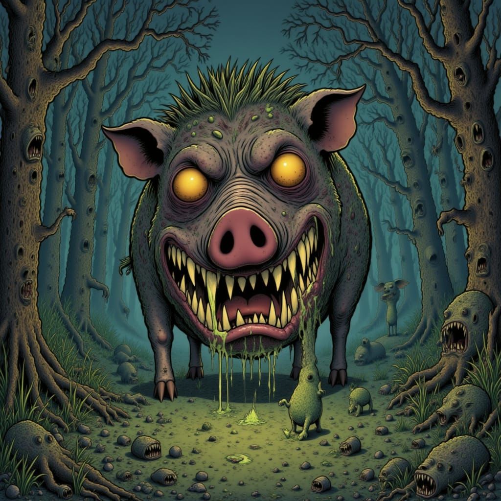Rabid Wild Boar in Mist, Storybook Illustration Style