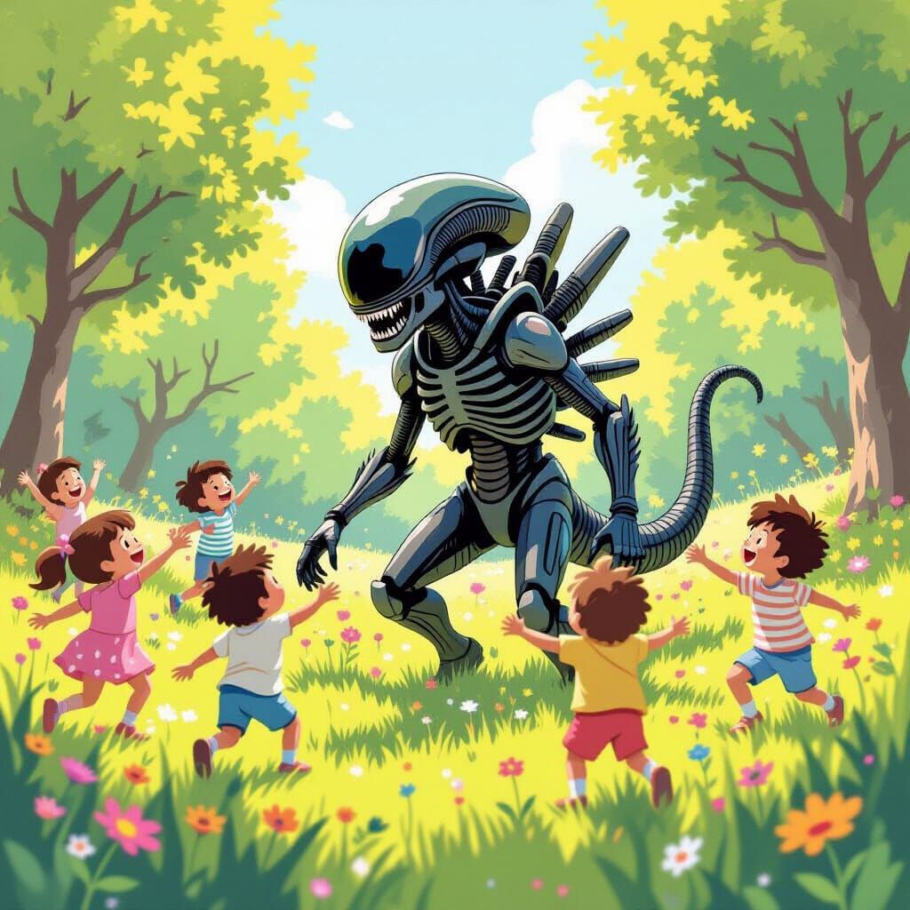 Xenomorph Plays Tag in Whimsical Meadow, Animated Style