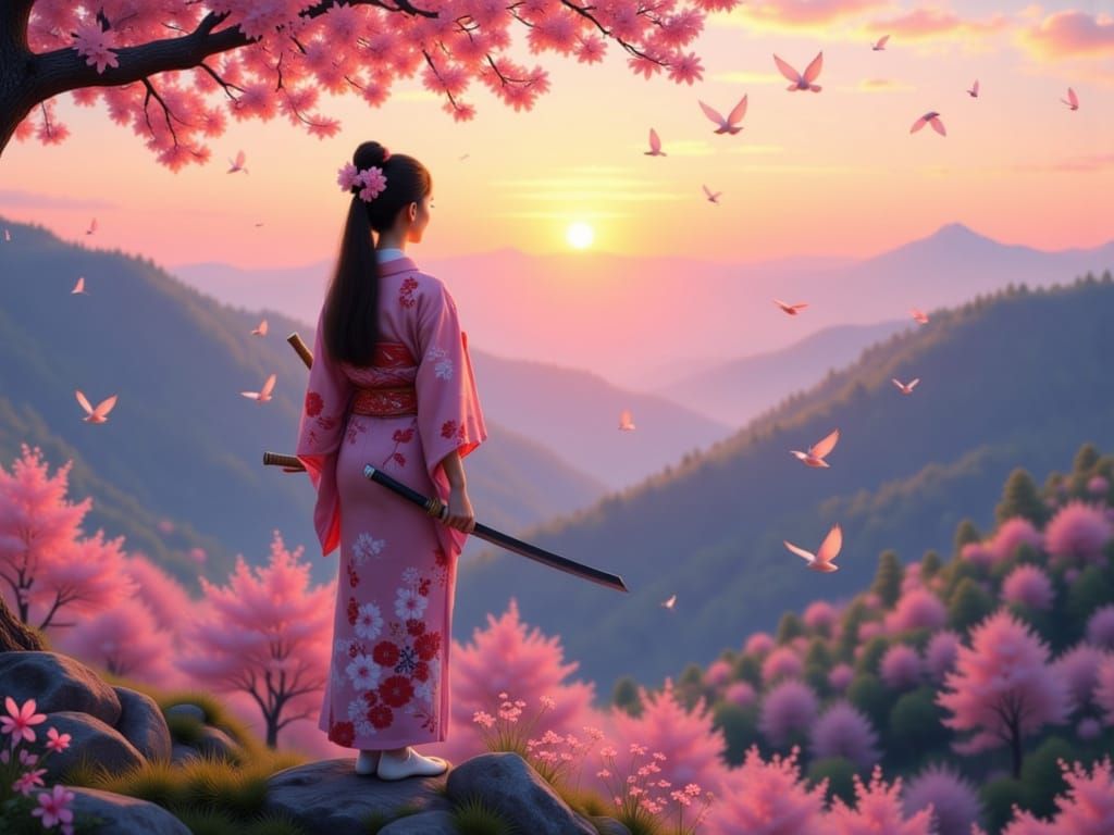 Japanese Woman in Kimono with Katana at Sunrise