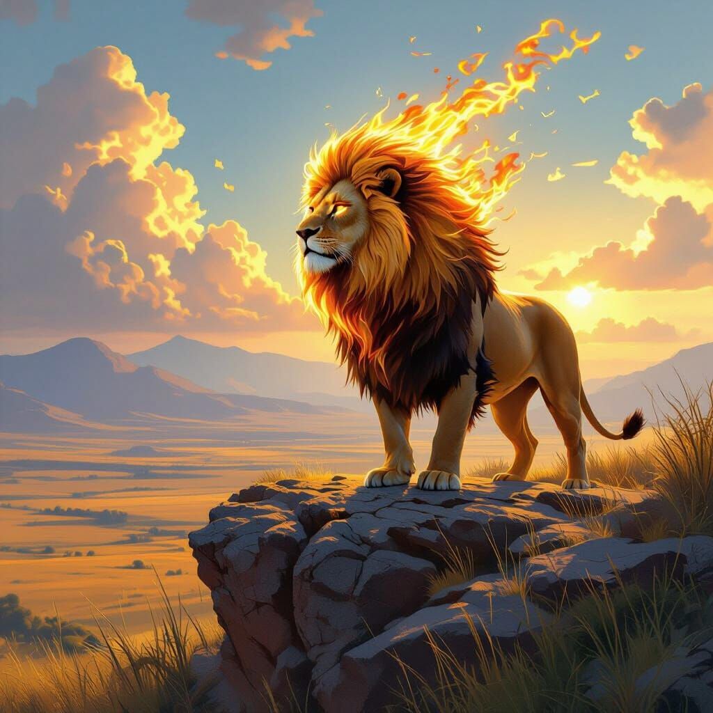 Fiery Lion on Savanna Cliff: Hyperrealistic Digital Painting