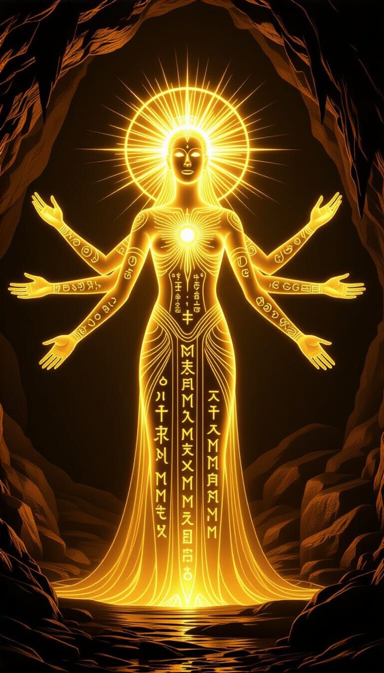 Golden Light Deity in Sacred Cave, Mythic Realism