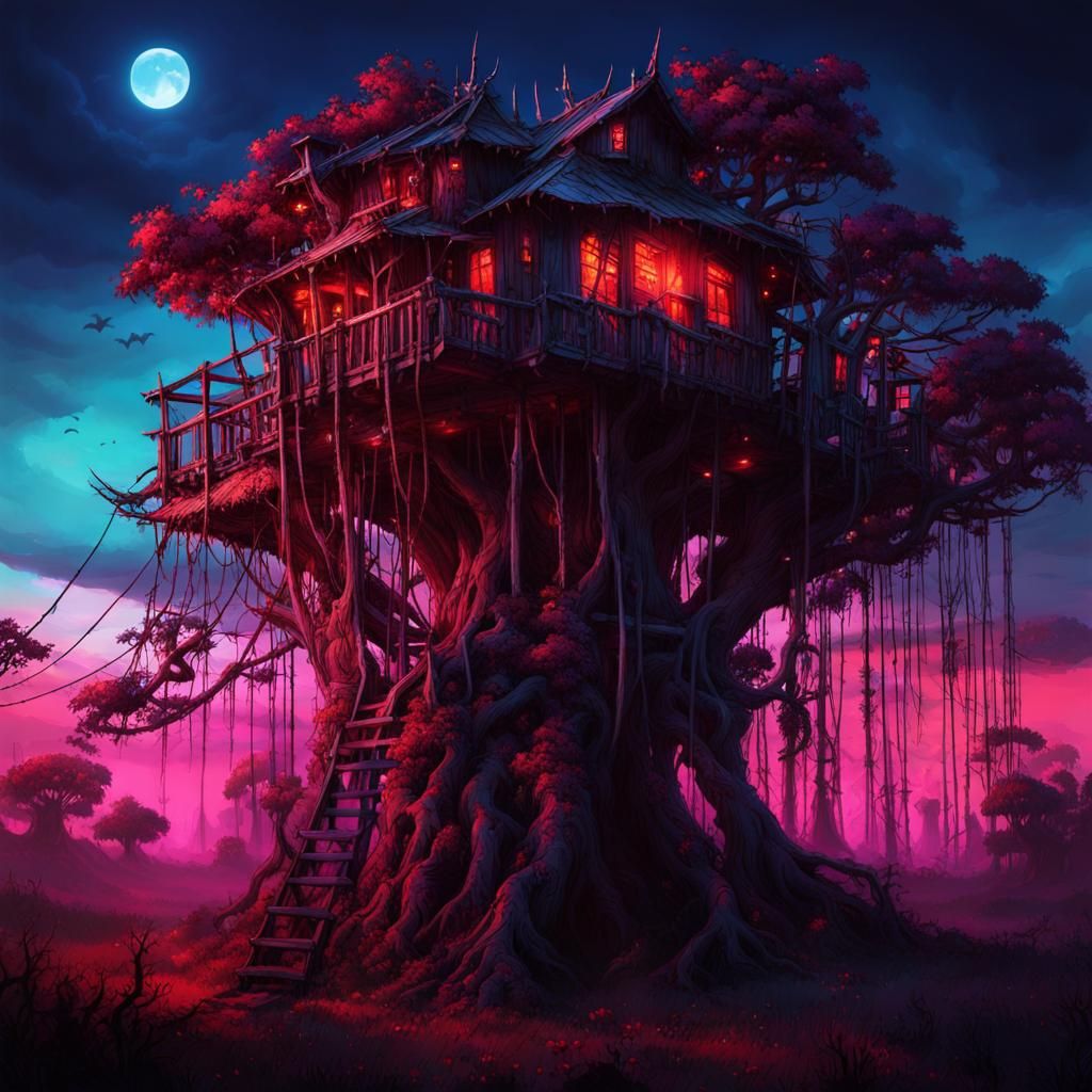 Zombie Apocalypse Banyan Treehouse with Neon Splattercore