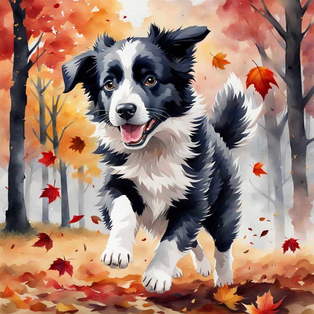 Happy Border Collie puppy in autumn leaves, watercolor