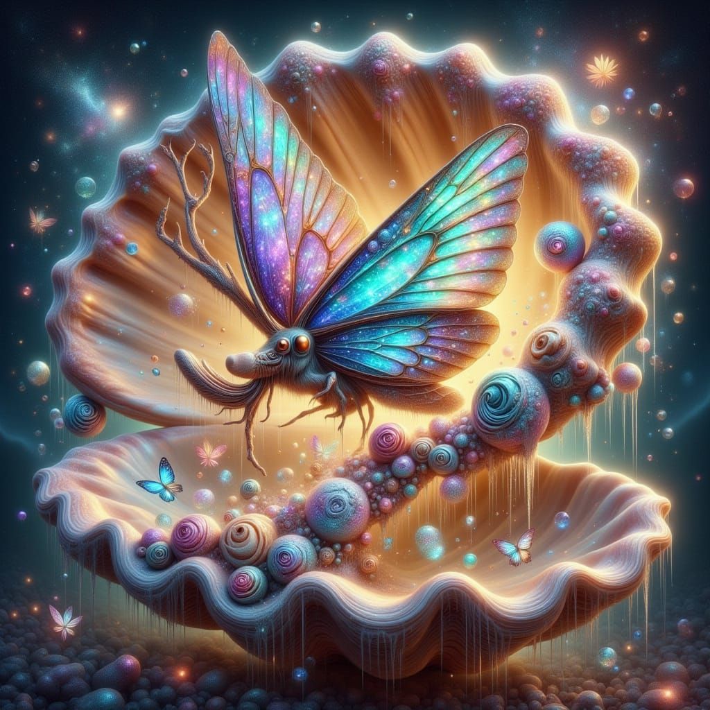Butterfly Emerges from Magical Seashell, Dreamy Digital Art