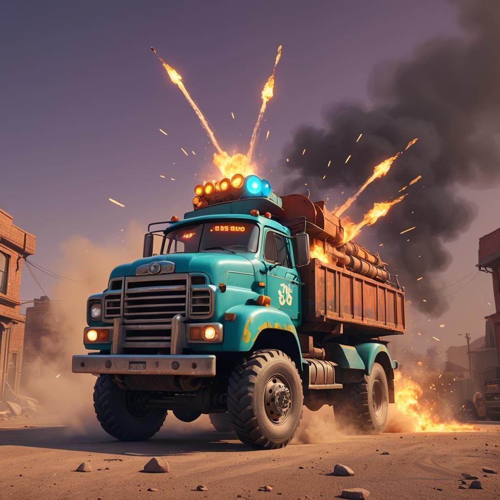 Truck Backfiring: 3D Digital Art in Pixar Style