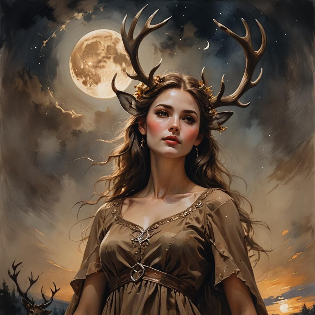 Woman with Antlers in Dreamy Realism Style