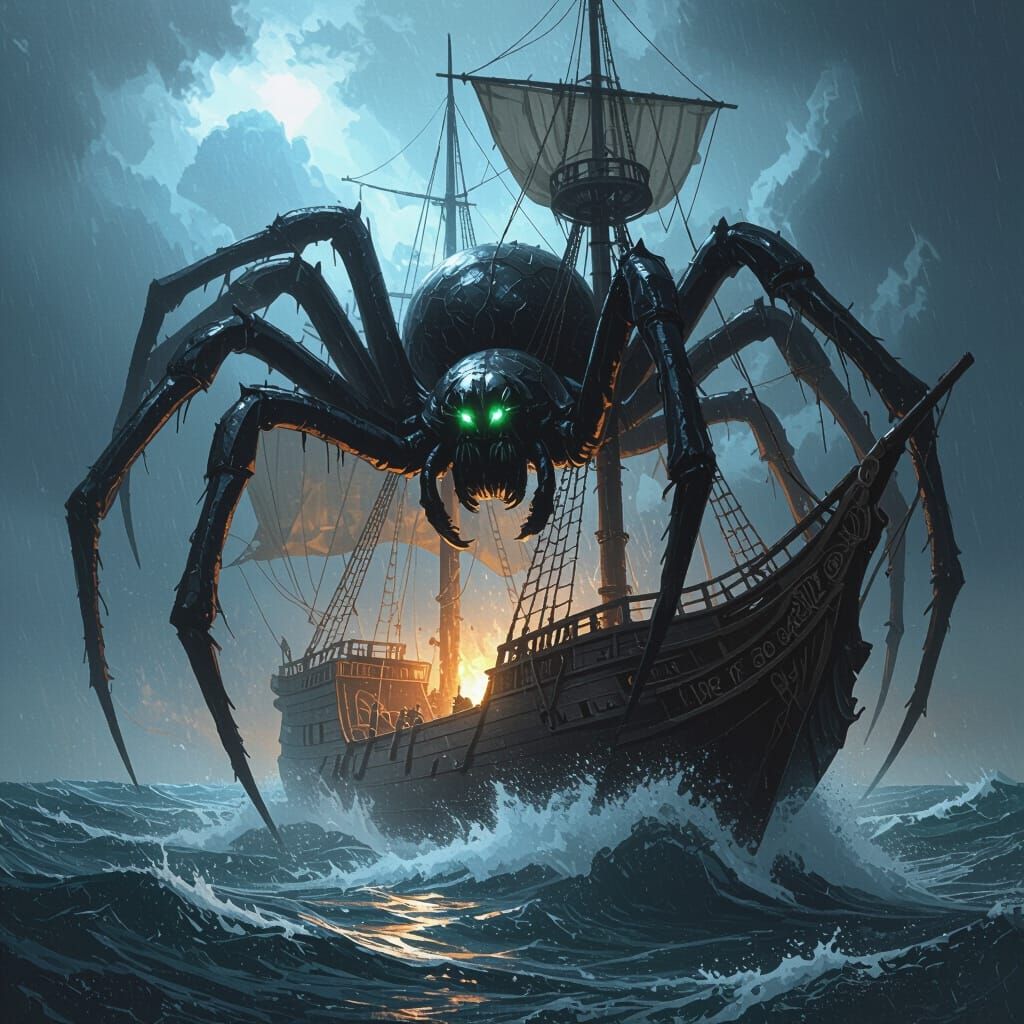 Colossal Spider Sinks Galleon in Dark Fantasy Style