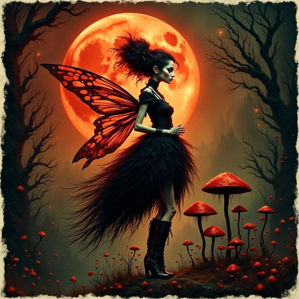Goth Fairy Silhouetted Against a Full Red Moon