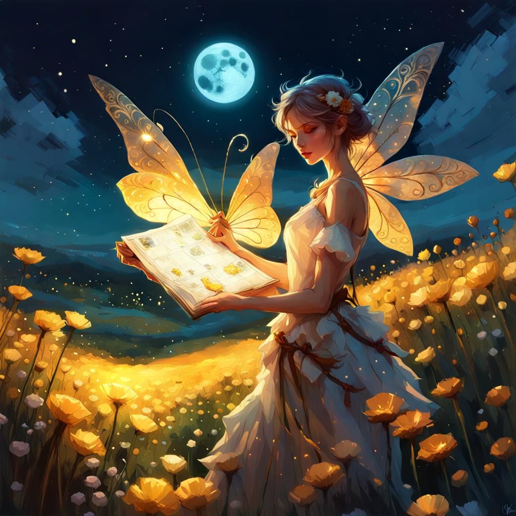 Sparkling Fairy in Moonlit Flower Field