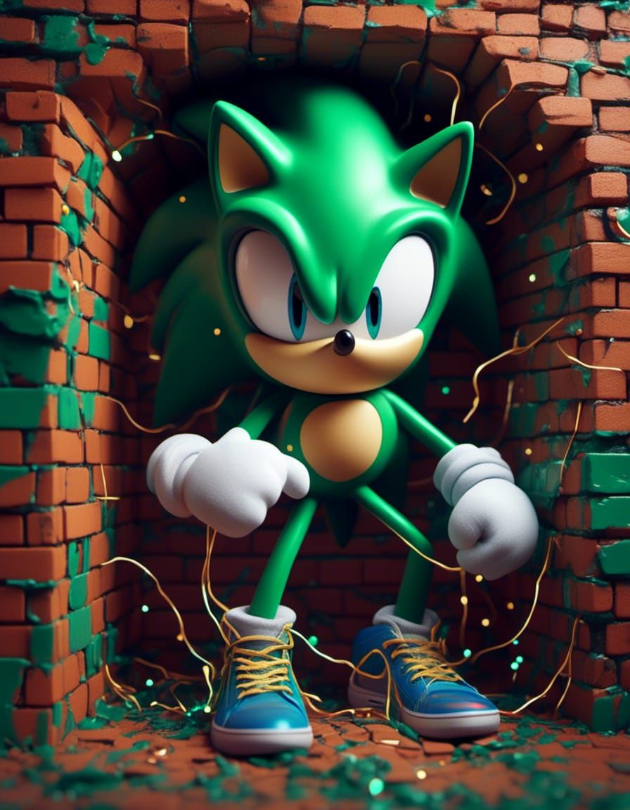 Green Sonic Breaks Wall in Vibrant 3D Render
