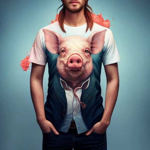 Pig Gamer on Navy Shirt in Splash Art Style