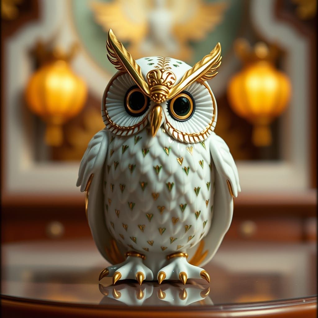 Mechanical Porcelain Owl with Gold Highlights