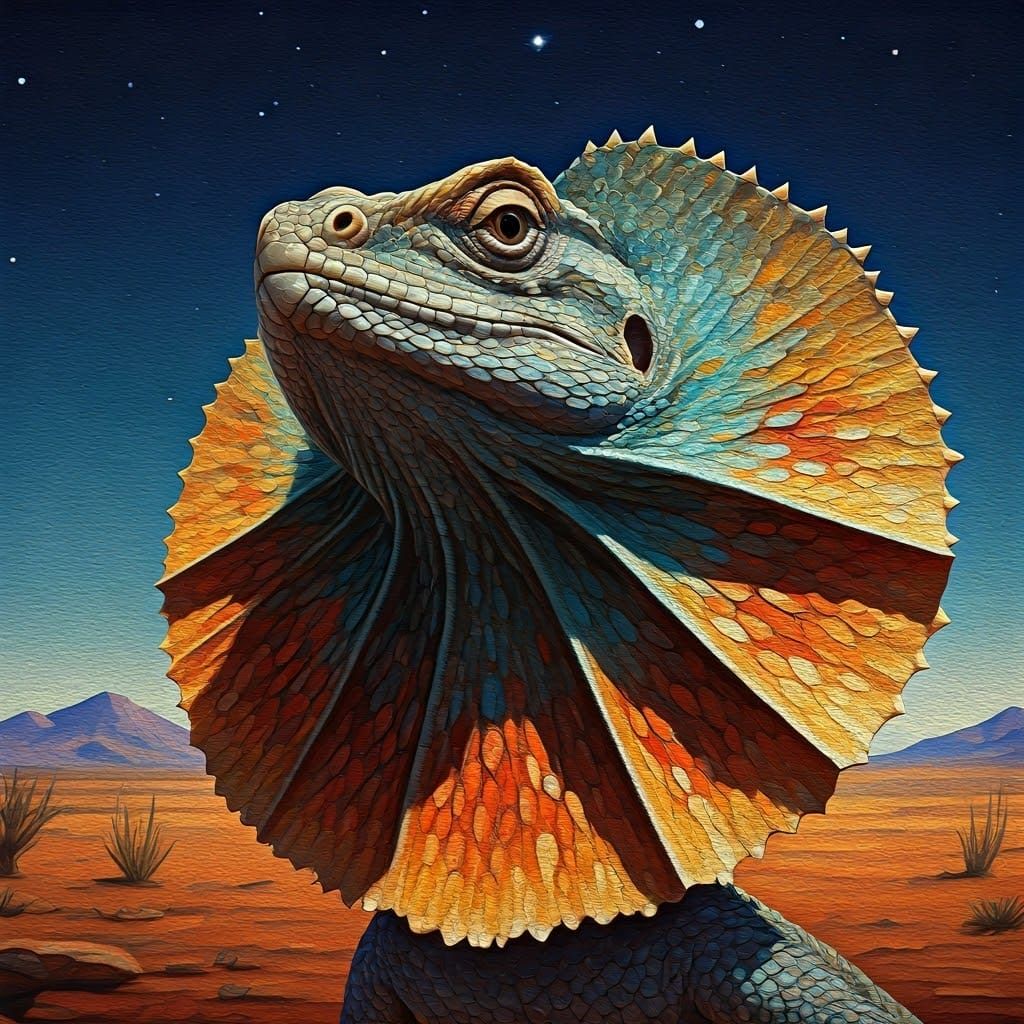 Frilled-Neck Lizard Portrait in Vivid Impasto Style