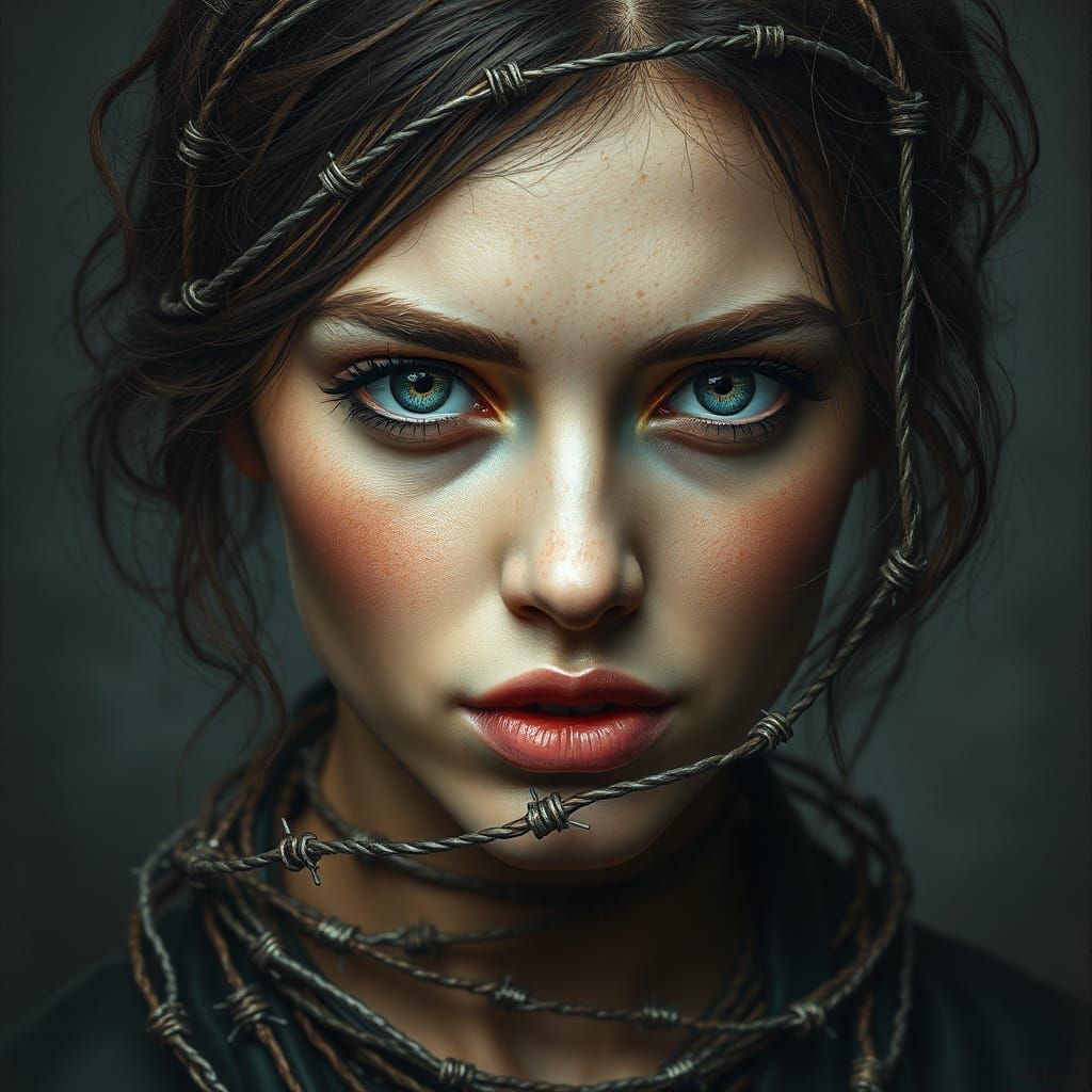 Hyperrealistic Portrait of Woman Wrapped in Barbed Wire