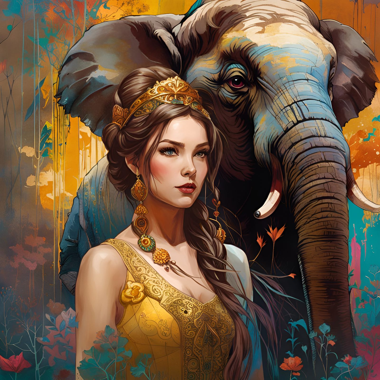 Princess and Elephant Portrait in Fantasy Style