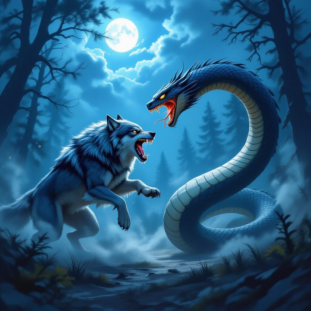 Epic Wolf vs Serpent Battle in Stormy Forest