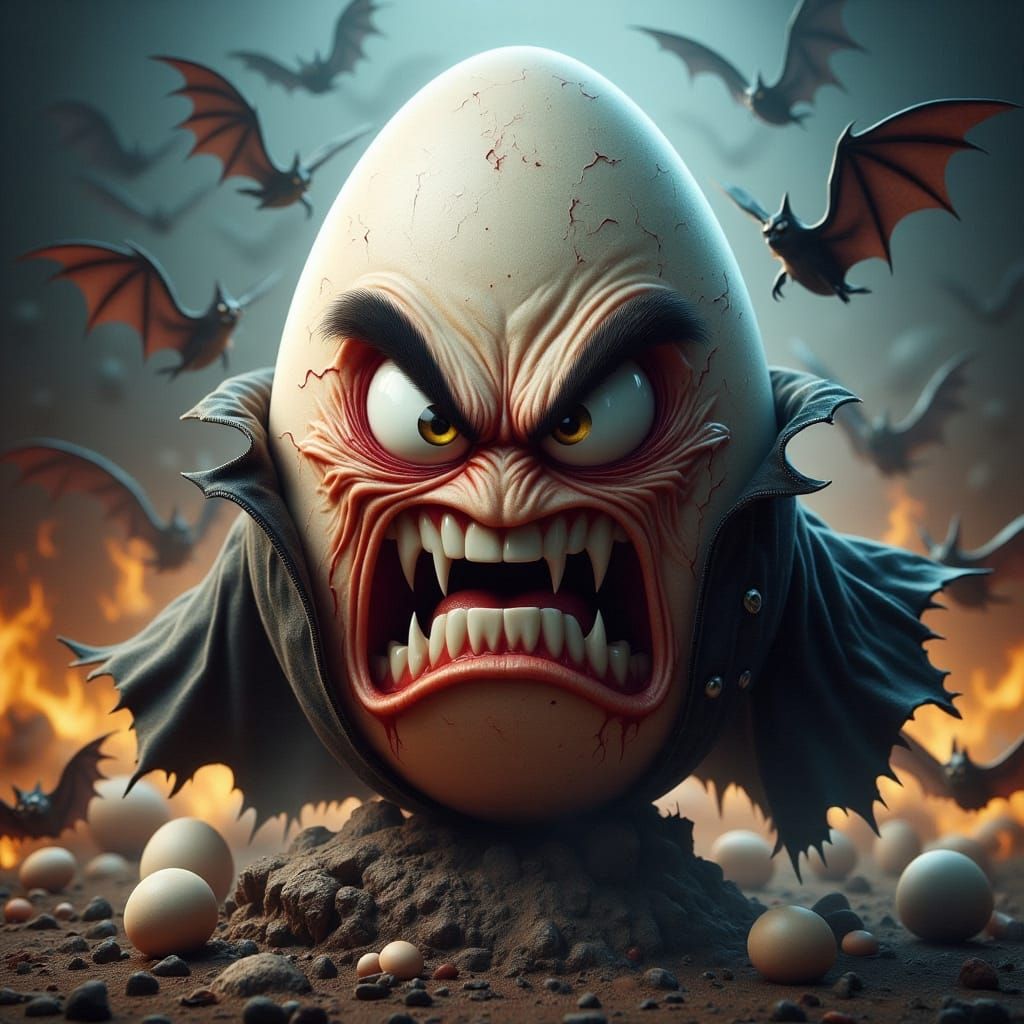 Dracula Angry Egg with Fangs and Bats
