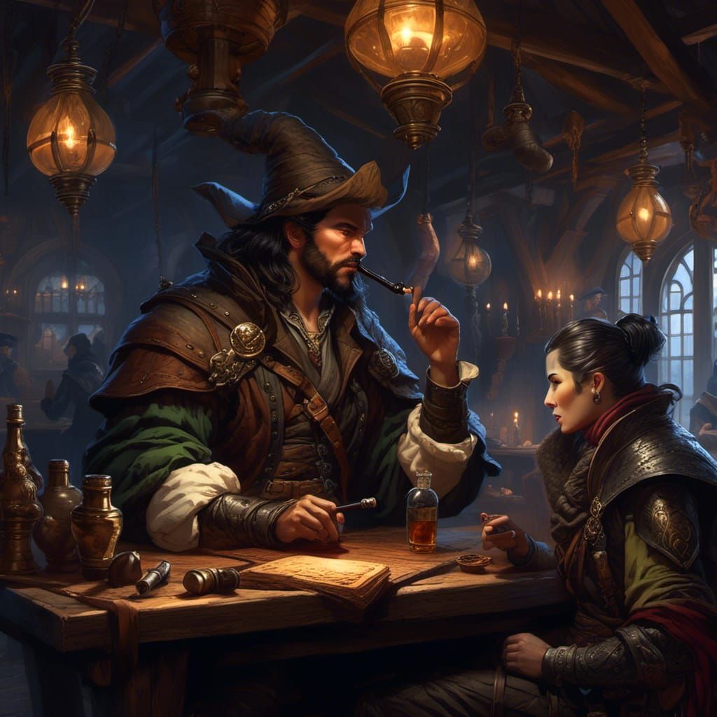 Mysterious Rogue Smoking Pipe in Dark Tavern