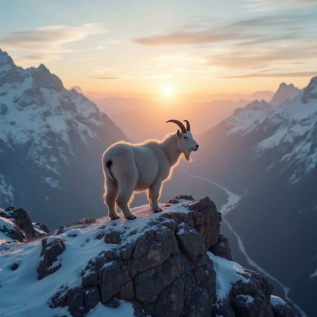 Mountain Goat Ascends Snow-Capped Peak at Dawn