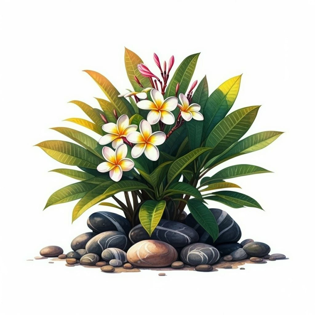 Whimsical Watercolor Plumeria Blooms Amidst Serene Rock Gard...