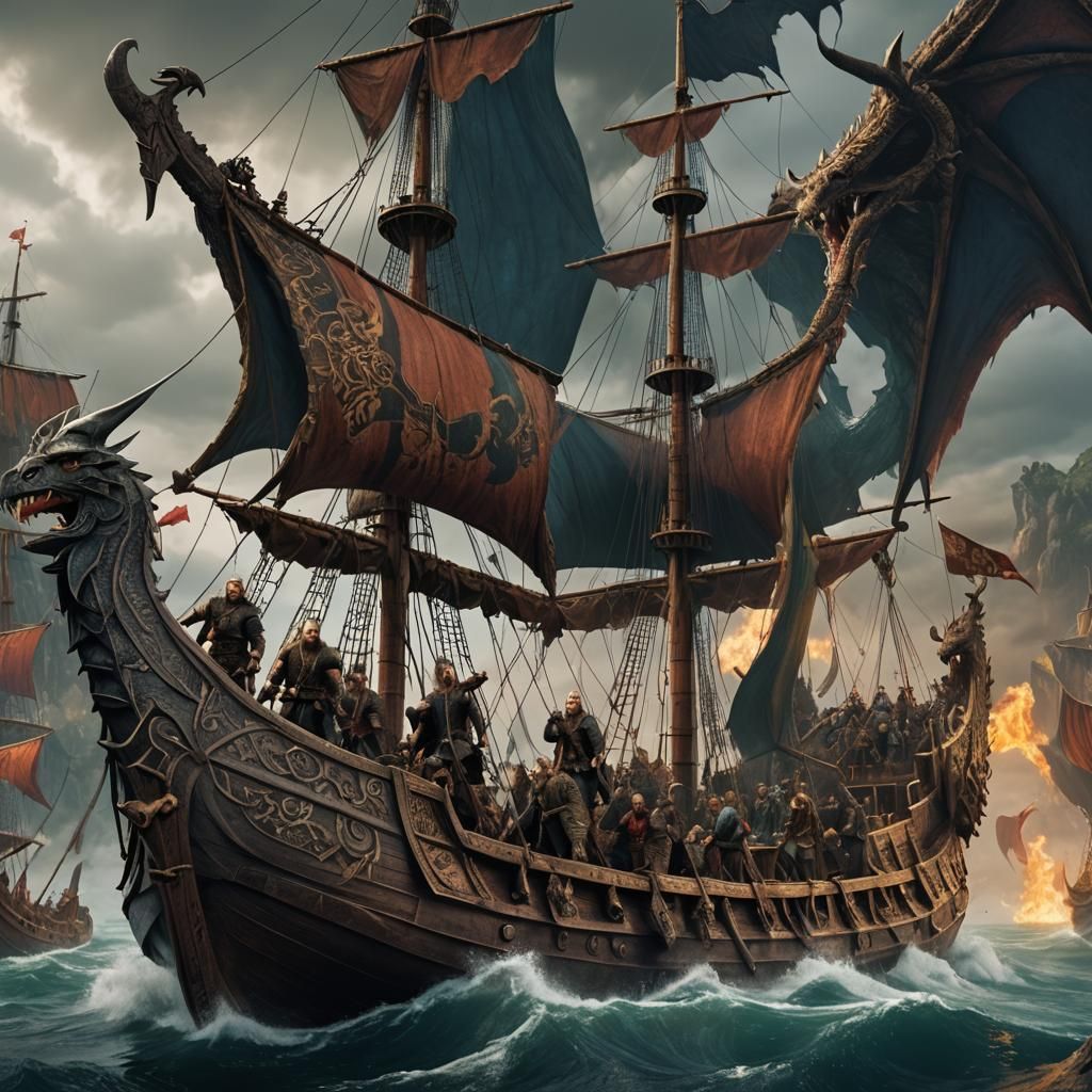 Vikings on Dragon Ship: Fantasy Concept Art