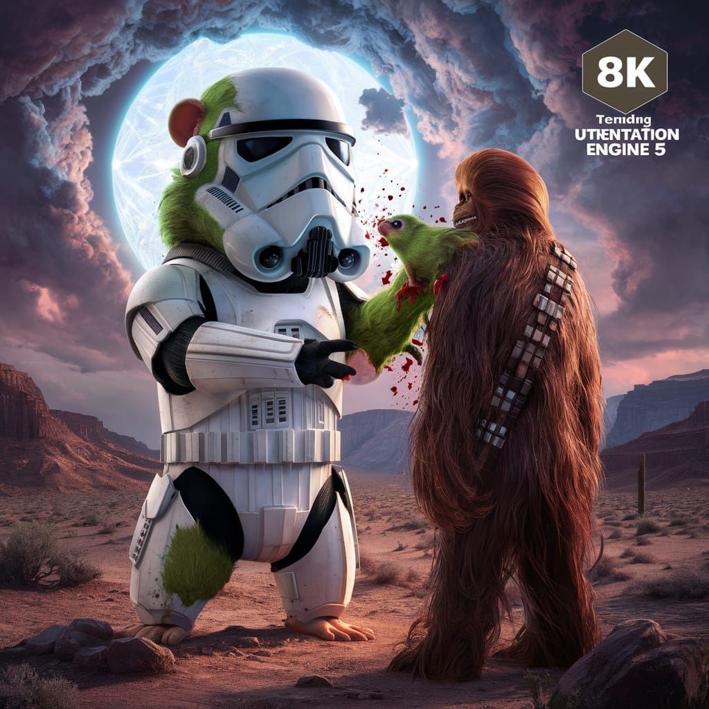 Zombie Hamster Infects Chewbacca in Desert Landscape