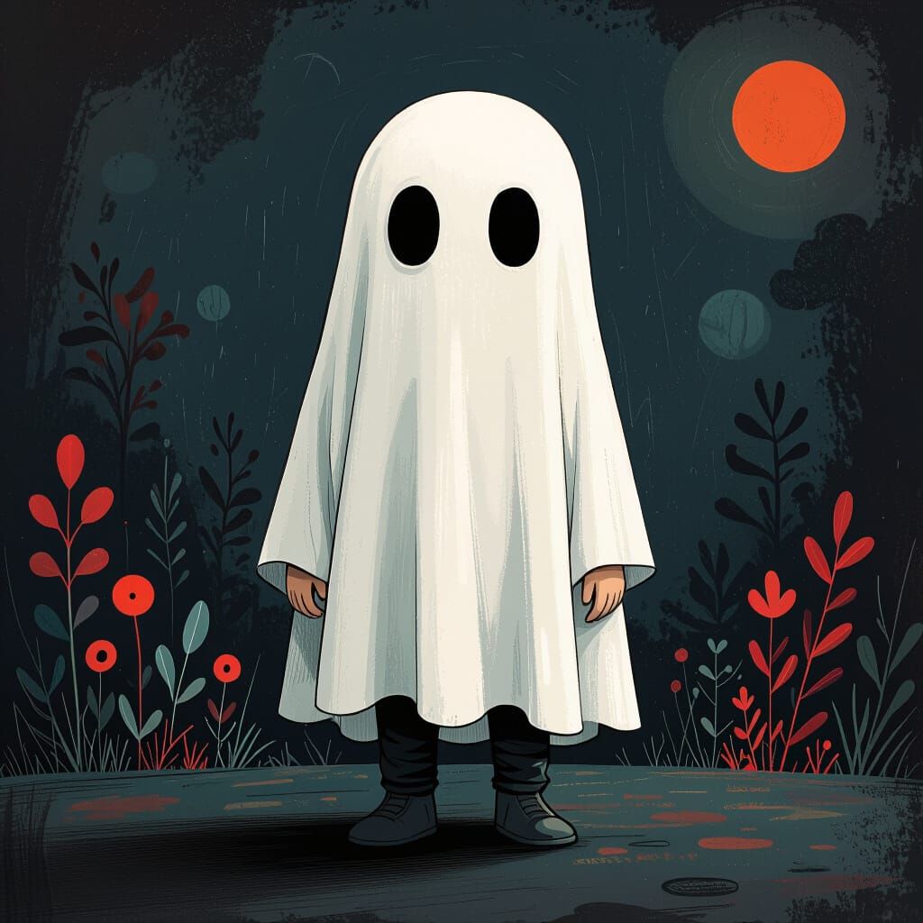 Child in Ghost Costume, Mixed Media Line Art