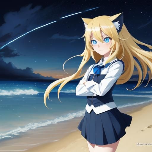 Adorable Chibi Catgirl on Beach: Anime Manga Scan