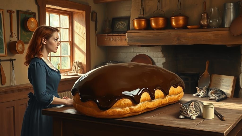 Georgian Kitchen with Giant Eclair, 19th Century Oil Paintin...