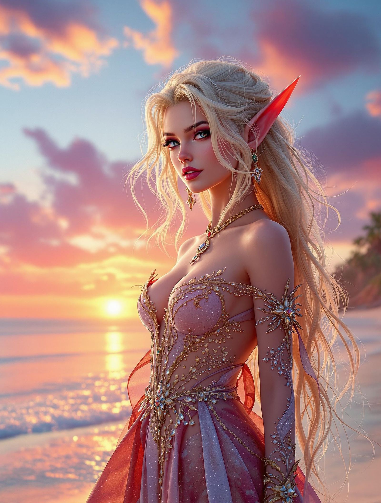 Elf on Beach at Sunset: Fantasy Concept Art